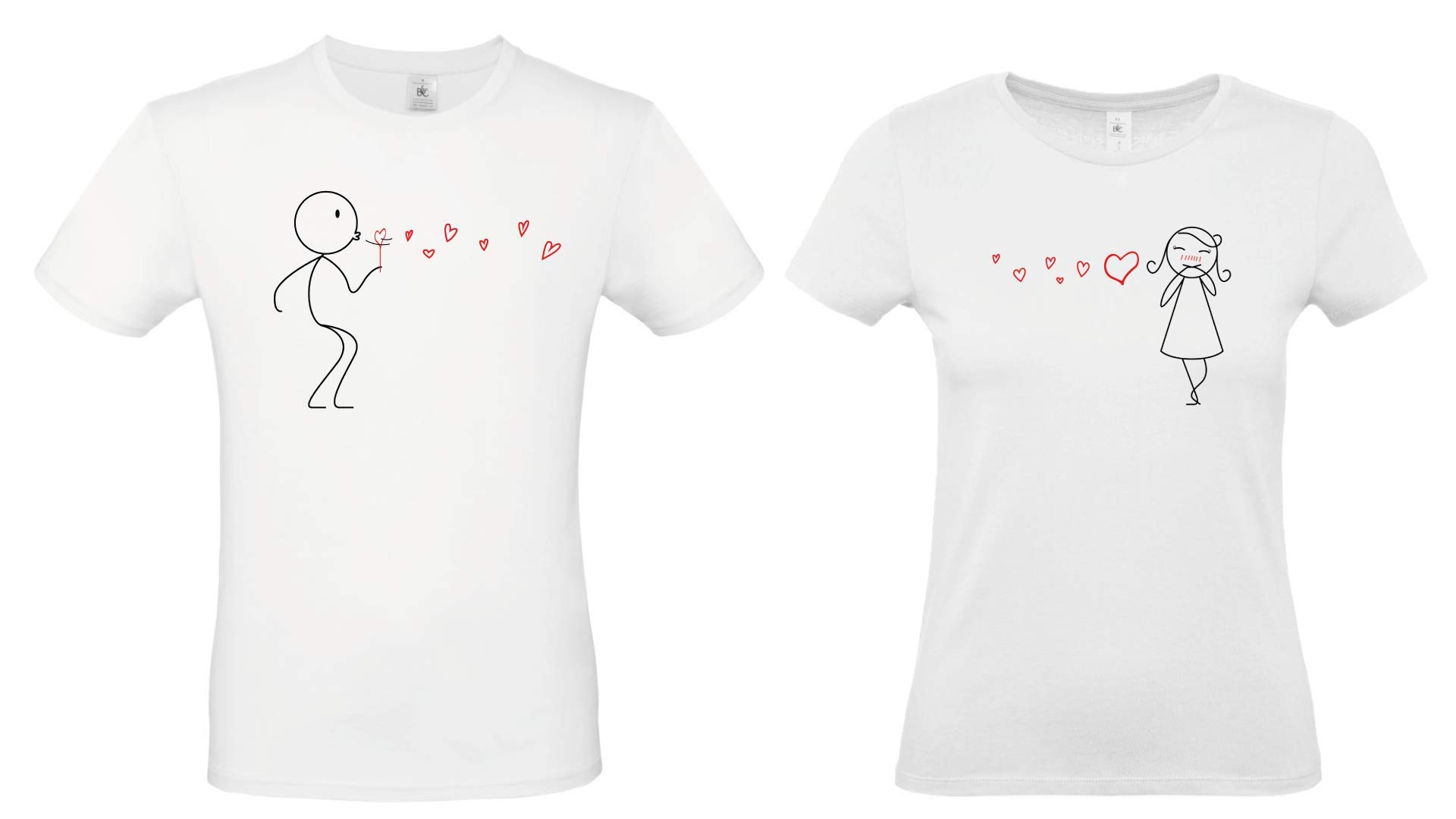 Coppia di T-Shirt Maglia Bianca da Uomo e Donna con Stampa Baci e Cuori Stampata Direttamente su Tessuto. Idea Regalo per San Valentino (XS - Uomo, XS - Donna