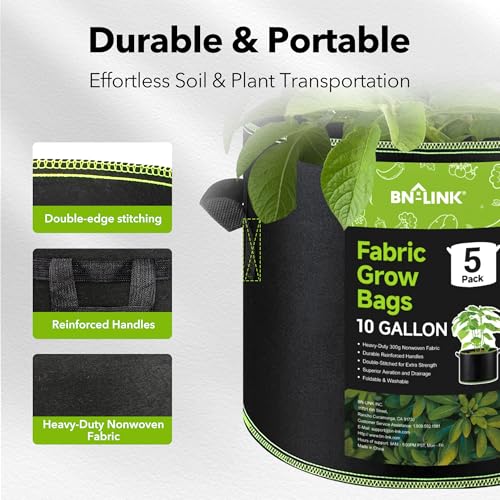 Image of BN-LINK 5-Pack 10 Gallon Grow Bags, Heavy Duty Aeration Fabric Pots with Handles, Thickened Nonwoven Plant Bags for Vegetables, Flowers, Fruits