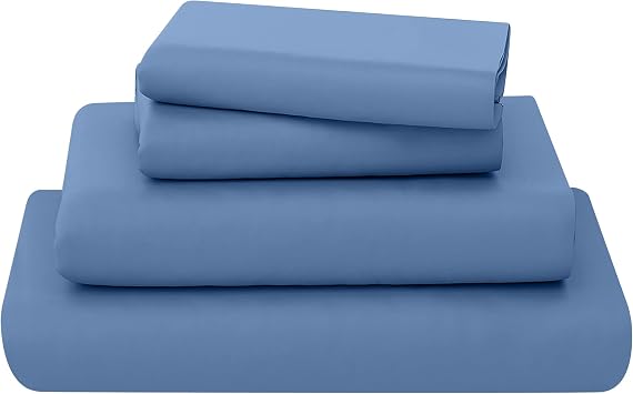 Mid Blue Double Bed Sheet Set - 4 Pieces Poly Cotton Sheet Set Double Size Soft Wrinkle Resistant Bedding Set - Flat Sheet + Fitted Sheet + 2 Pillowcases