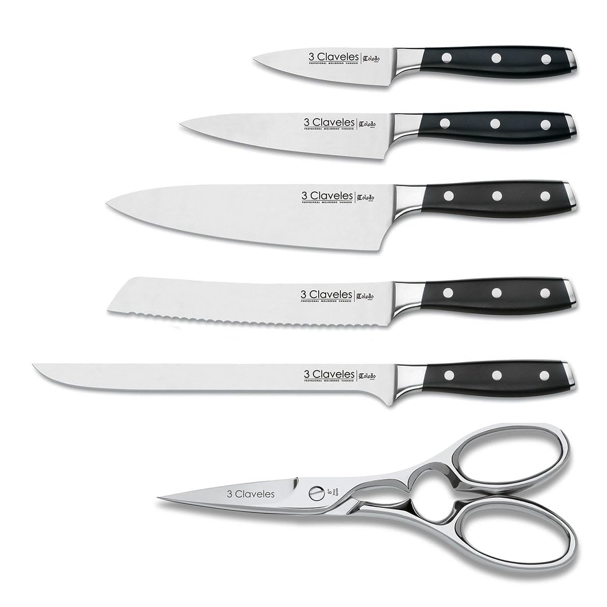3 Claveles Juego Cocina, Madera,Acero Inoxidable, 5 Cuchillos Ash Toledo + 1 Tijera Star, 1637