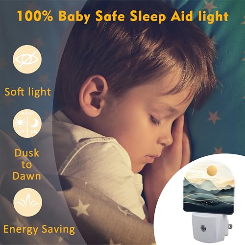 Image of Golden Sun and Mountains Night Light for Kids,Watercolor Sunrise Sunset Mountain Plug in Night Light with Dusk to Dawn Sensor, 0.5w Energy Saving Nightlight for Hallway Stairway Kitchen Bedroom