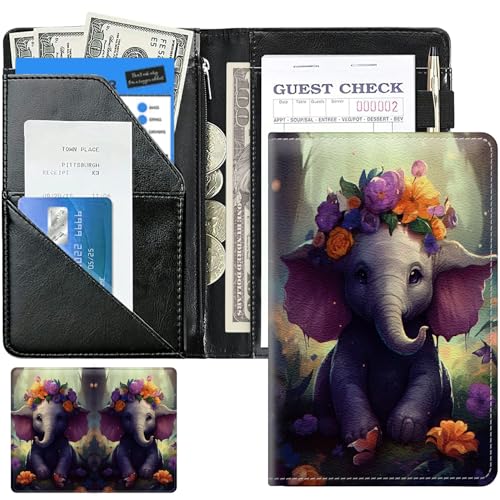 Little Elephant Flowers Cute Server Books for Waitress, Leather Waiter Book Server Wallet with Zipper Money Pocket, 5*8 Waitress Ticket Book Holder Restaurant Waitstaff Organizer with Pen Holder Fit