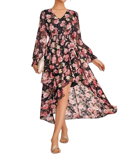 Damen Kleider A-Linien Langarm Blumenkleid V-Ausschnitt Sommerkleid Damen Leicht und Luftig Kleider für Hochzeitsgäste Schwarz-rote Blume L