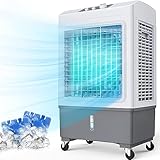 Evaporative Cooler -FANCOLE 2 IN 1 Portable Evaporative Air Cooler, 3 Speed Cooling Fan, 4 Ice Packs, 5.28Gal Large Water Tank &Scroll Casters, 35In Movable Swamp Cooler for Home Garage Commercial Use