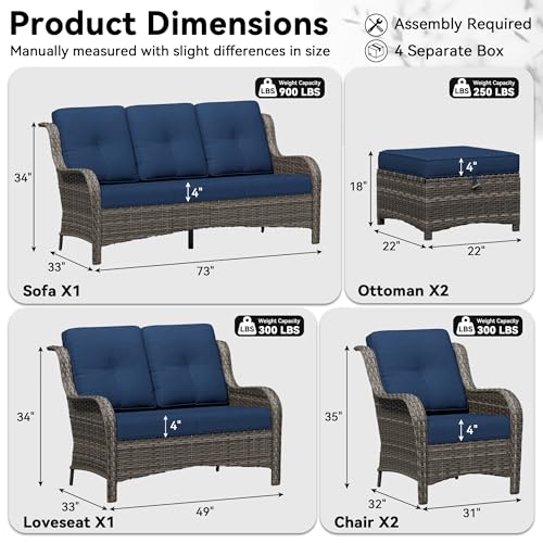 Image of 6 Piece Outdoor Wicker Patio Furniture Set, Patio Chairs Set with Thickened Olefin Cushions, High Back and Deep Seating, Hand-Woven PE Rattan, Ottoman for Porch, Deck