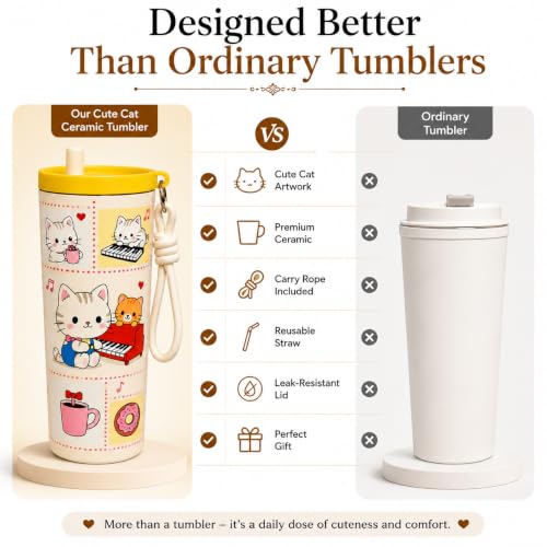 Image of Vasukie Cat Water Bottle Straw Lid and Carrying Strap - Stainless Steel Travel Cup Tumbler - Cute Cat Character Drinkware for Girls, Women. (Character May Vary)