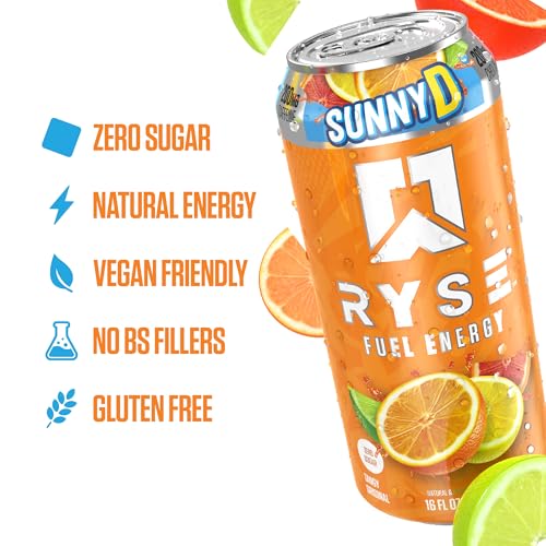 Image of RYSE Fuel Energy Drink - SunnyD Tangy Original - Sugar Free, Gluten Free & Vegan - 200mg Natural Caffeine, Taurine & Choline for Focus & Energy - No Artificial Colors - 16 fl oz Cans (12-Pack)