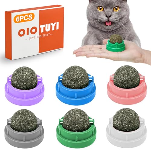 OioTuyi 6er Set Katzenminze Ball mit Wandhalterung, Drehbarer Leckstein Spielzeug für Katzen, Anti-Stress Katzen Zubehör