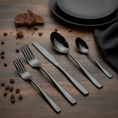 Image of 20 Pcs Black Cutlery Set for Dining Table the Perfect Mirror Polish Hevy Duty Tableware Including Dinner Spoon, Dinner Fork, Dinner Knife, Dessert Spoon & Dessert Fork