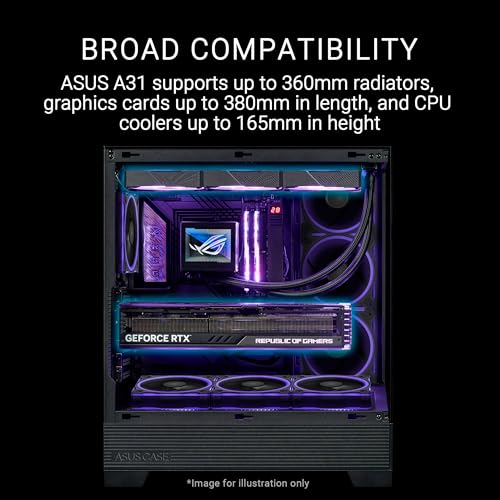 Image of ASUS A31 Black ATX Mid-Tower Gaming Case, Dual Tempered Glass, Frameless, BTF Hidden Connectors, 360 AIO Support, Angled Base, ARGB, Optimized Airflow, Seamless Cable Management, 2 Year Warranty