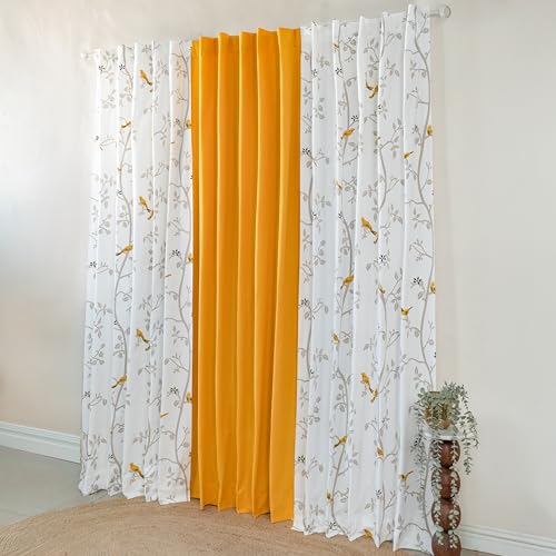Image of Tranquebar Curtain Co. Window Curtains 5 Feet, 60-65% Room Darkening,Yellow Bird Print, Cotton Curtains for Window,Cotton Curtains 5 Feet Set of 3, BackTab Loops, Yori Yellow combo (152 cm) - Set of 3