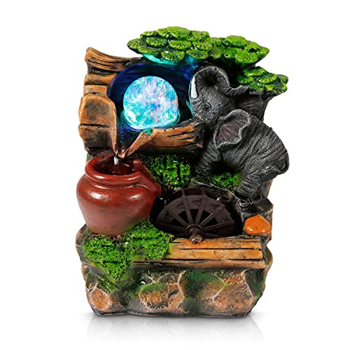 Dyna-Living Tabletop Water Fountain,Indoor Water Fountain, Elephant Indoor Waterfall Feature with Crystal Ball and Light for Home Office Decor Relaxation 6''X4''X8''