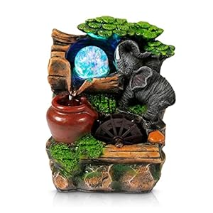 Dyna-Living Tabletop Water Fountain,Environmental Resin Meditation Fountain,Desktop Elephant Fountain,Indoor Waterfall Feature with Crystal Ball and Light for Home Office Decor Relaxation 6”X4”X8”