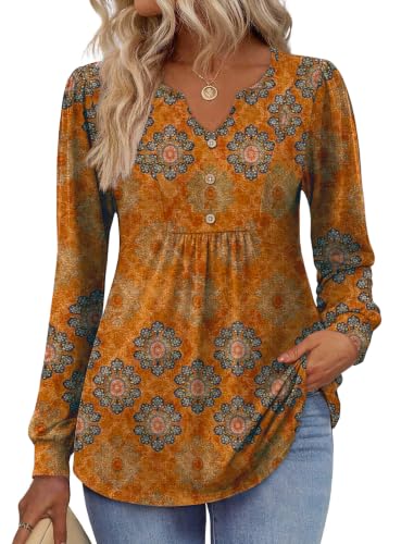 Image of Zeagoo Womens Long Sleeve Tops Fall V Neck Shirt Casual Pleated Tunic Top