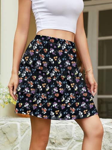 MeTaMik Women's Flowy Pleated Boho Summer Mini Skirts High Waisted Tiered Floral Beach Short Skirt(Black Boho Floral,S) — view 2