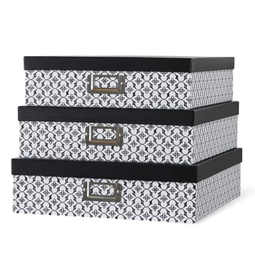 Soul & Lane Black and White Decorative Storage Boxes with Lids for Organizing, Set of 3 Jumbo Scrapbook Storage Boxes for Documents, Keepsakes, Memories, Modern Trellis