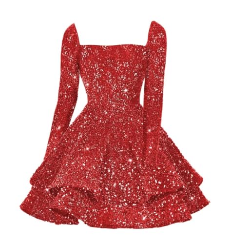 RSOETOO Sequin Short Homecoming Dress for Teen Sparkly Long Sleeve Prom Sweet 16 Dresses RO197