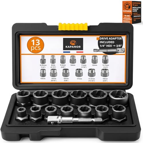 Extracteur Ecrou Antivol Voiture Boulon ✮MARQUE FRANCAISE✮ Kit 13 Douilles Compatible Cliquet 3/8” (+ Adaptateur pour Visseuse/perceuse) ✯GARANTIE✯...