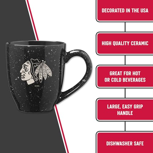 Image of Rico Industries NHL Hockey Chicago Blackhawks Black Personalized 16 oz Team Color Laser Engraved Speckled Ceramic Coffee Mug