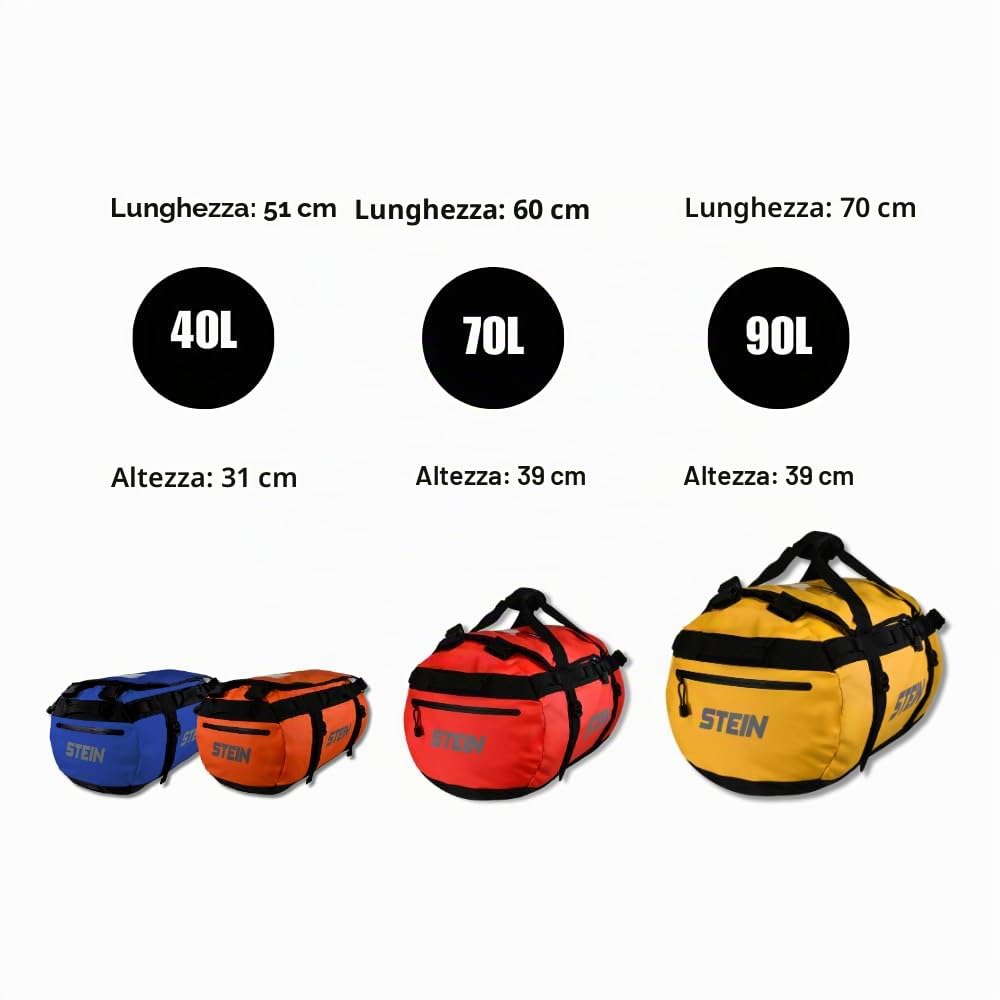 STEIN Borsone impermeabile da 40 l, 70 l, 90 l, in PVC resistente, per attività all'aperto, campeggio, sport, sport acquatici, Blu, 40L, Borsone