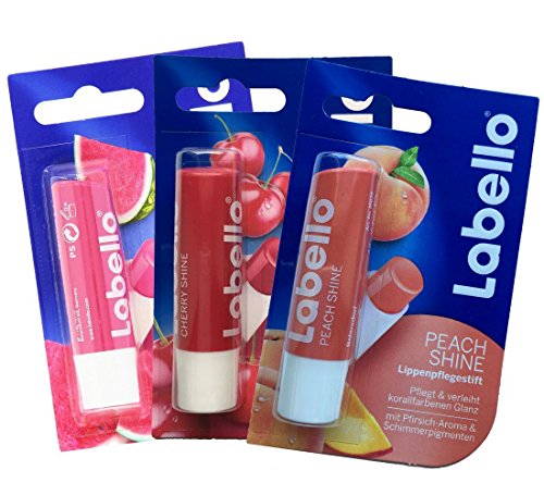 Labello Watermelon Shine, Labello Cherry Shine, Labello Peach Shine Lip Balm Bundle