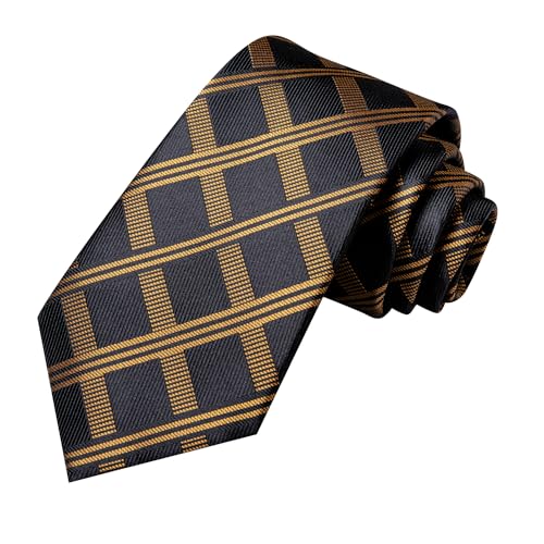 Image of Hi-Tie Formal Black Gold Plaid Ties for Men Necktie Lapel Pin Pocket Square Cufflinks Sets Formal Business Wedding