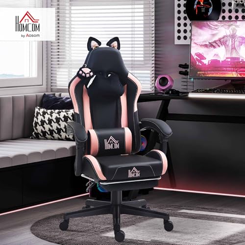 Sedia Gaming Ergonomica con Orecchie da Gatto, Poltrona Gaming Ufficio Reclinabile in Finta Pelle con Poggiapiedi, Poggiatesta e Altezza Regolabile, Supporto Lombare e Cervicale, Nero - Sedia gaming - Immagine 1