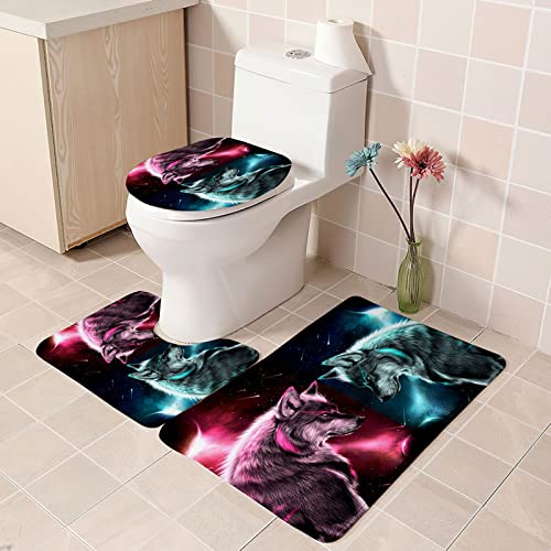 3 Teilig Badematte Set Rot-Grüner Wolf 3D Badematten Set rutschfest, Badezimmerteppich,U-förmiger WC-Vorleger,WC…