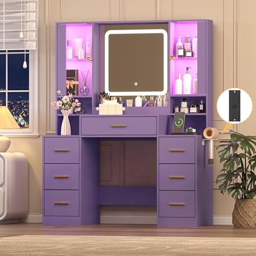 Image of Wodeer Purple Makeup Vanity Desk with Mirror & Lights, Modern Vanity Table with Charging Station, 7 Drawers, Glass Cabinet, Adjustable Shelves, Bedroom Dressing Table Set for Women & Girls