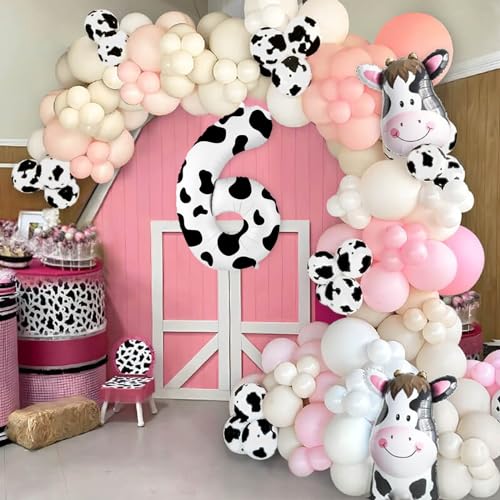 Image of SINBEE Cow Print 40 inch Balloon, Number 6, for Birthday Decorations, Reusable, Unisex, Children's Party Decor