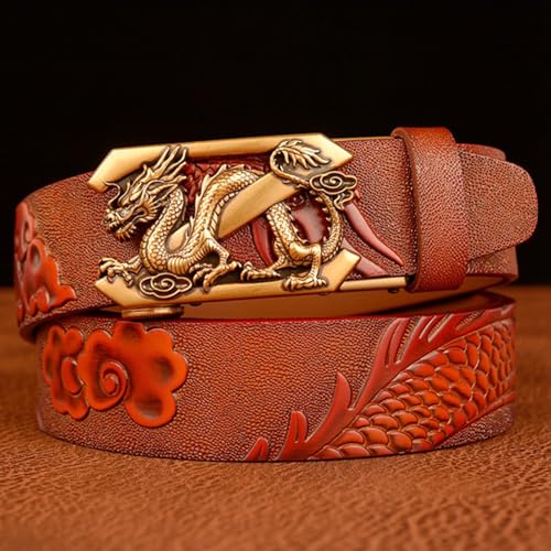Light Brown Ratchet Belt With Engraved Dragon Gold Automatic Buckle - Handmade Dragon Pattern Leather Strap4