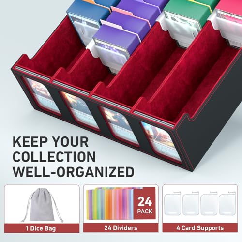 Image of 4-Row Trading Card Storage Box, Bulk Cards Case for 3200+ Mtg tcg Magic Playing Game Card Organizer, Commander Deck Box with 4 Supports & 24 Dividers & Strap
