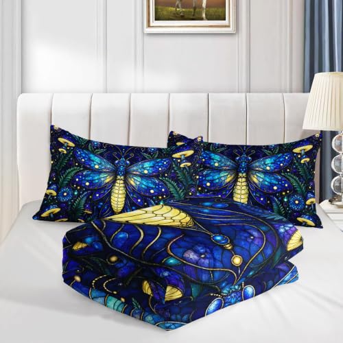 Image of AILONEN Full Comforter Set 3 Piece, Blue Firefly Mushroom 3D Printed Bedding with 2 Pillowcases, Soft Breathable Microfiber Celestial Decor for Guest Room