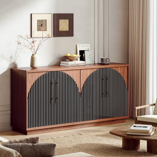 Image of 65 inch Buffet Cabinet with Storage, Fluted Sideboard Cabinet with 4 Arched Doors & Adjustable Shelves, Credenza Accent Cabinet Console for Dining Room, Living Room, Entryway, Set of 2