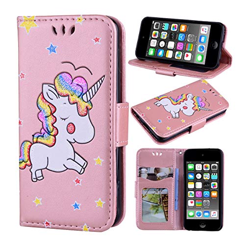 Ranyi iPod Touch 7 Case, iPod Touch 6 Case, iPod Touch 5 Case, Cute 3D Glitter Bling Unicorn Embossed [Flip Magnetic Wallet] PU Leather Folio Wallet Case for iPod Touch 5 6 7th Generation (Rose Gold)