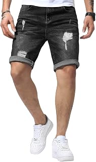 Mens Shorts Casual Denim Stretch Slim Fit Washed Distressed Rolled Ripped Jean Shorts for Men