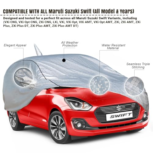 Image of Pivalo Car Cover for Maruti Swift All Model & Years (2005-2024) 100% Waterproof with Mirror & Antenna Pocket Triple Stitched Bottom Elastic Dustproof Full Body Protection (Heat & UV Resistant, Silver)