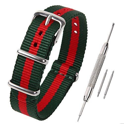Airself NATOタイプ 時計ベルト 時計バンド ナイロン 替えバンド 替えベルト (交換説明書 交換工具 バネ棒付) (16mm, グリーン×レッド×グリーン)