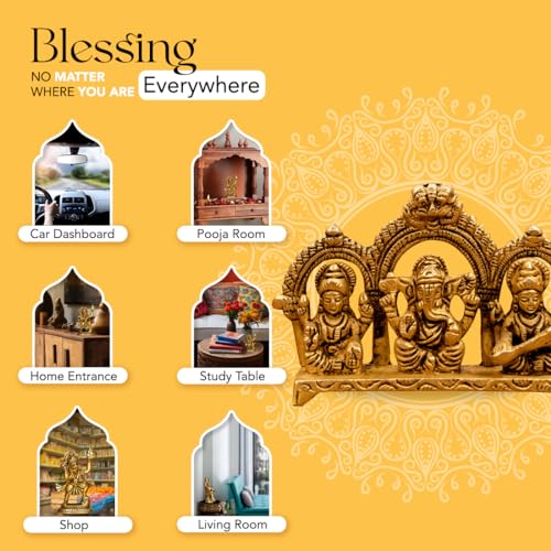 Image of Ekhasa 100% Pure Brass Laxmi Ganesh Saraswati Murti (Size: 8.0 cm) | Lord Ganpati Lakshmi Saraswati Maa Idol for Diwali Puja | God Idols for Pooja Room or Griha Pravesh Ceremony