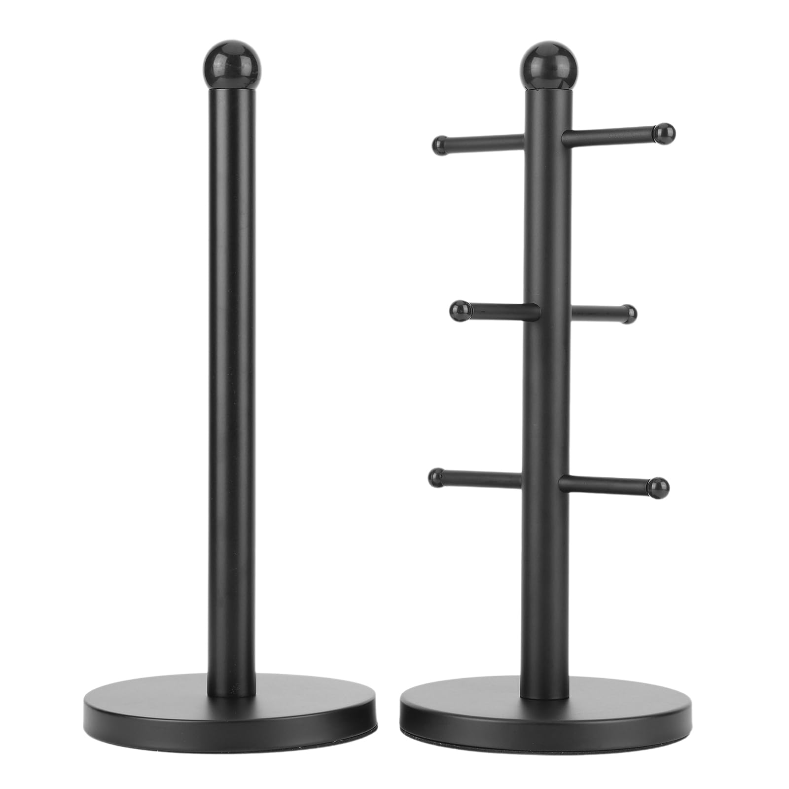 Black 6 Cup Mug Holder With Paper Towel Roll Holder Free-Standing Cup Rack (Black)