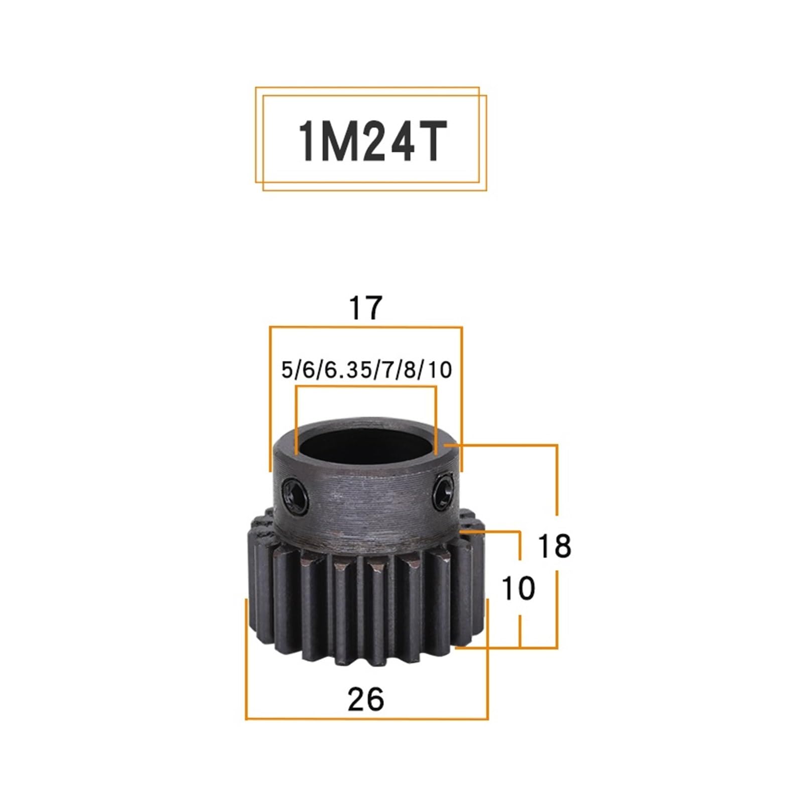 Bevel Gear Pinion Hardware Mechanical 1pcs Module 1 Motor Gear 1M-24T Carbon Steel Material Blackening Spur Gear Bore Size 5/6/6.35/7/8/10/12mm(12mm)