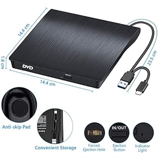 BEVA Lecteur CD/DVD Externe USB 3.0 et Type C Portable CD-R/-RW Drive, Lecteur Graveur Portable CD, pour PC, Laptop, Desktops, Windows 7/8/10/11/XP/Vista/Linux et Mac OS Apple/iMac/Macbook