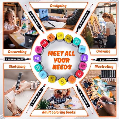 سكاي-تاتش 80 قلم رسم ملون، اقلام ماركر كحول، مجموعة اقلام تحديد بطرف مزدوج، اقلام تلوين، اقلام ماركر، اقلام فنية للرسم والرسم والانيمي والمانغا، مع شنطة سوداء وقاعدة تخزين