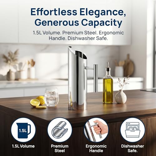 Image of Hiceeden Stainless Steel Water Pitcher, 51oz /1.5L Modern Metal Pitcher with Ice Guard, Silver Carafe Drink Pitcher with Handle, Beverage Container for Iced /Hot Tea, Juice, Coffee, Milk (Pack of 2)