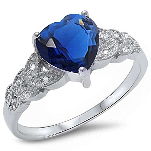 Simulated Blue Sapphire Heart & Cubic Zirconia .925 Sterling Silver Ring Sizes 7