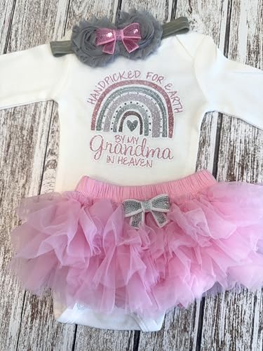 Handpicked for Earth by my Grandma in Heaven Personalized with Custom Name Baby Girl Take Home Outfit Optional Tutu Bloomers Headband and Socks (Pink and Grey)4