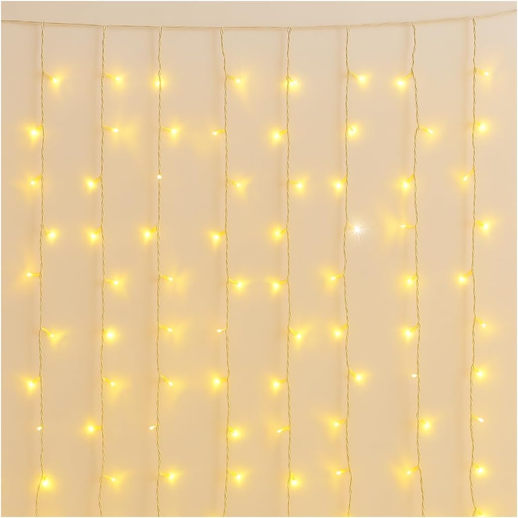Elektronova Zasłona świetlna, 216 diod LED, 5 m, żółte światło, biały kabel, IP65, przedłużany, efekt błysku, z przewodami o zmiennej długości (3 do 12 cm) dla dynamicznego efektu