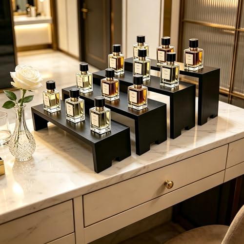 Yikaroeli 2 Set Large Black Display Riser Perfume Display Stand Cologne Shelf Wood Risers for Display,11"-8.6" Graduated Sizes,4Tiered 8Pcs Display Stands for Vendors Event by Yikaroeli - Image 3