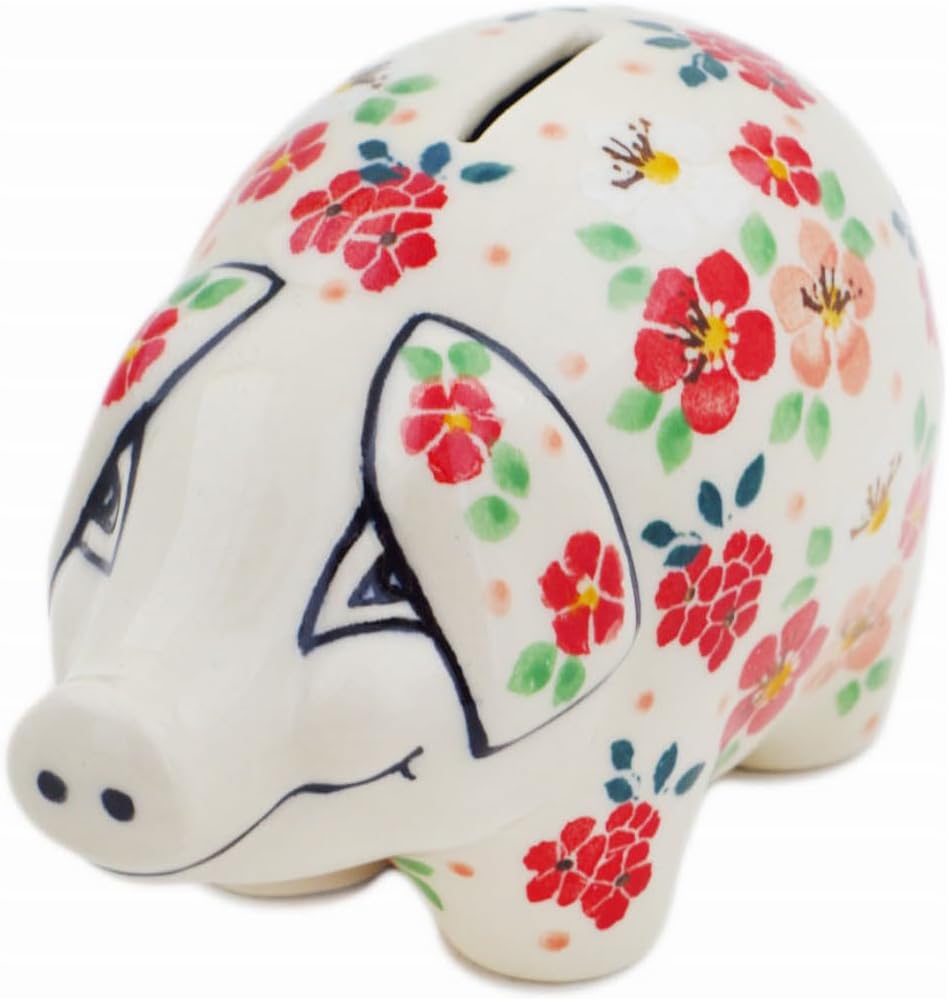 Polmedia Polish Pottery Piggy Bank UNIKAT - Pink Divinity Pattern Handmade in Boleslawiec Poland by Ceramika Artystyczna + Certificate of Authenticity