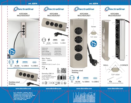 Multiprise angle cuisine Electraline 3 prises et double chargeur USB C